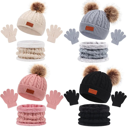 3Pcs Winter Baby Hat Scarf Gloves Set Solid Color Toddler Bonnet
